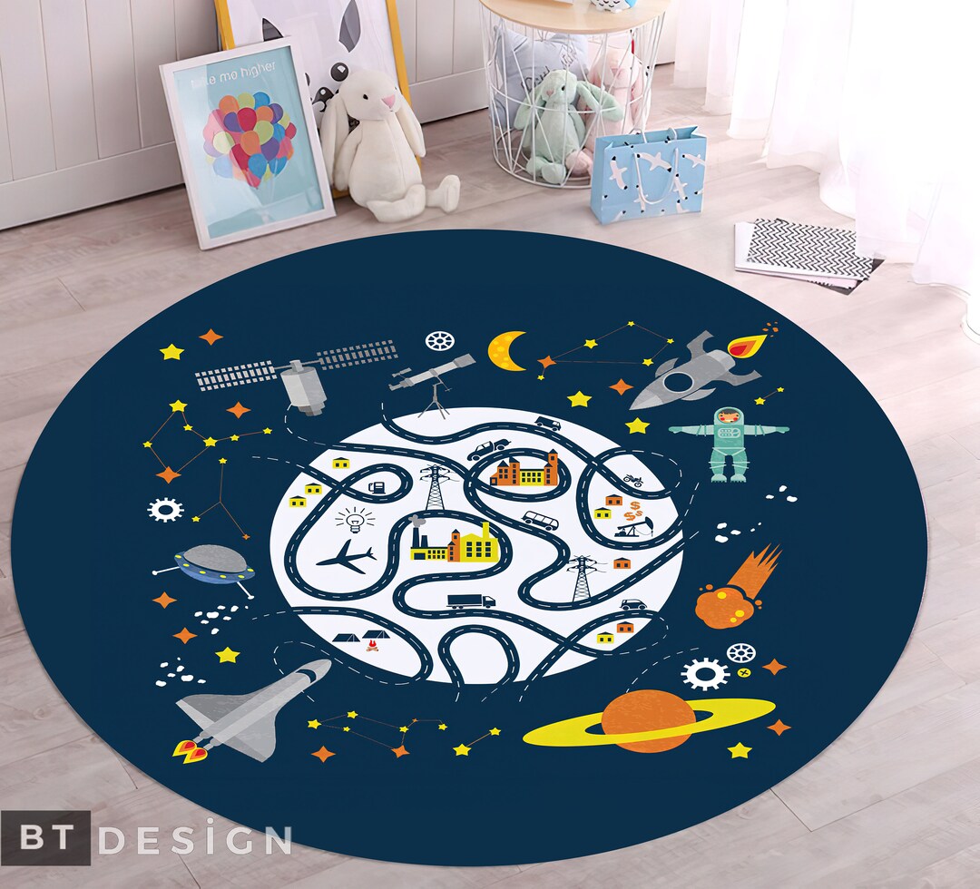 Space Nursery Rug, Cartoon Space With Map Pattern Nonslip Area Rug, Rug