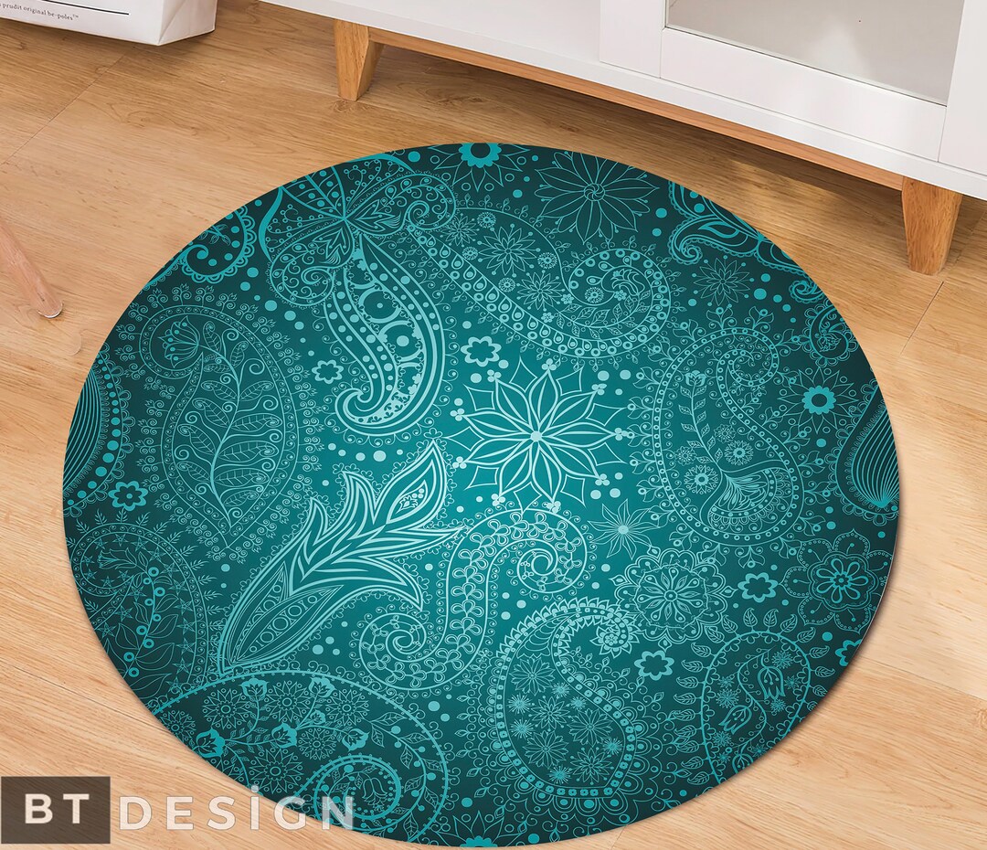 Motif Rug, Turquoise Floral Motif Pattern Nonslip Area Rug, Blue Green