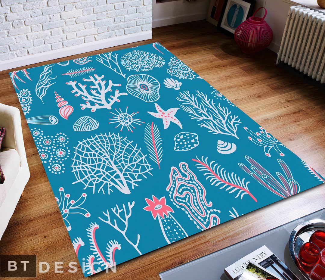 Coastal Rug, Marine Seashell Coral Pattern Nonslip Area Rug, Chic Round ...
