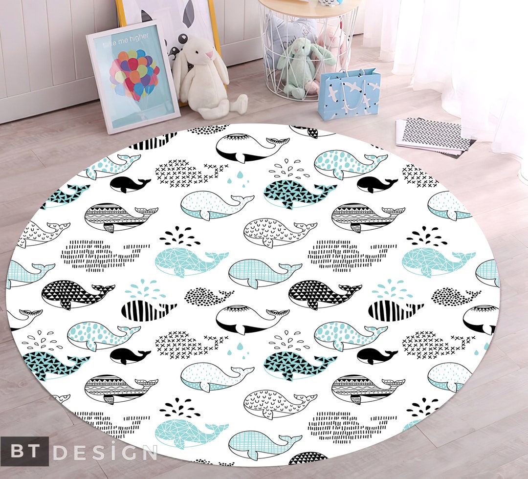Blue Whales Round Rug Sea Nursery Whales Themed Nonslip Area Etsy