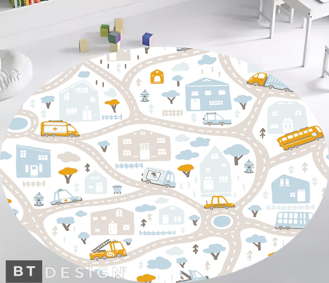 City Map Nursery Rug Bus Themed Nonslip Area Rug, Playmat for Kids Room ...