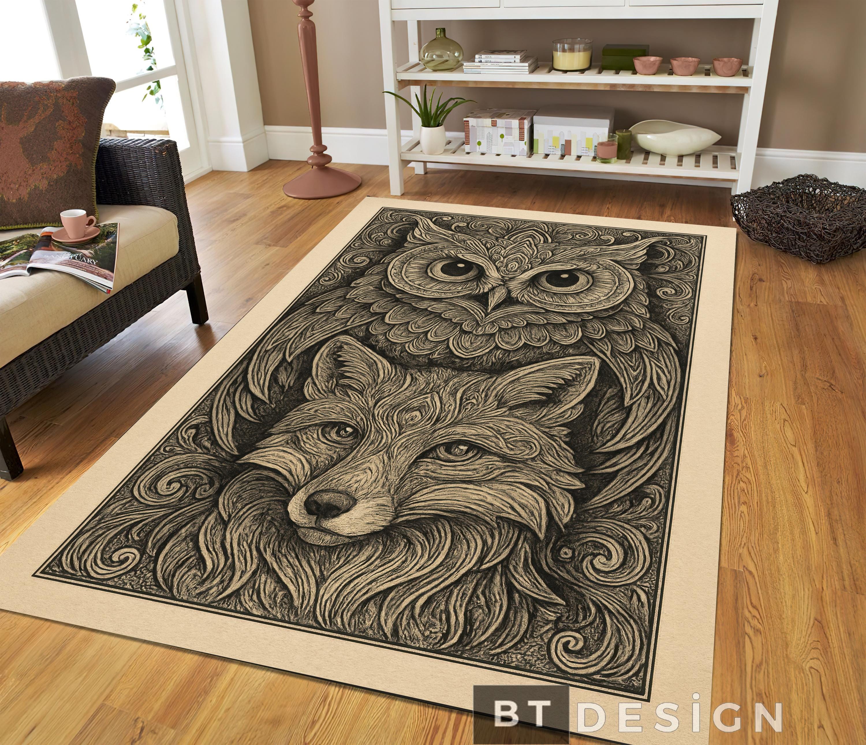 Owl Fox Mandala Washable Rug - Wood Carved Animal Art Non-Slip Floor Mat Rustic Decor
