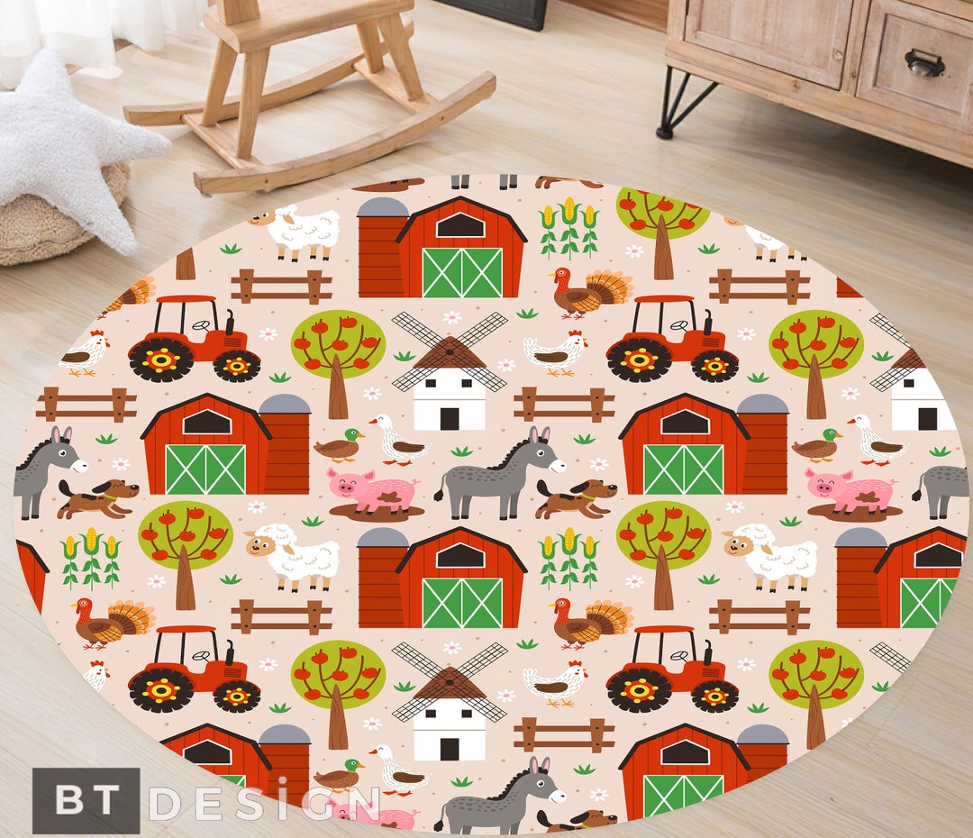 Farm Nursery Rug, Farm House Pattern Kids Nonslip Area Rug, Happy Farm