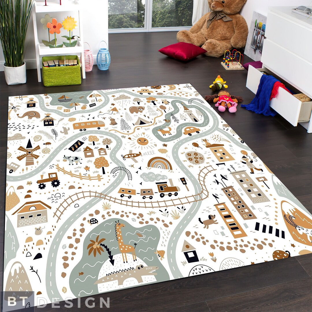 Playhouse Rug Nursery Rug, City Road Playground Themed Nonslip Area Rug, Soft Playmat ...