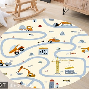 Road Kinderzimmer Teppich Gelbe LKWs Themen rutschfester Teppich, Spielmatte für Kinderzimmer, Stadtplan Aktivitätsteppich, Runder Teppich für LKW, Minimalistischer Teppich