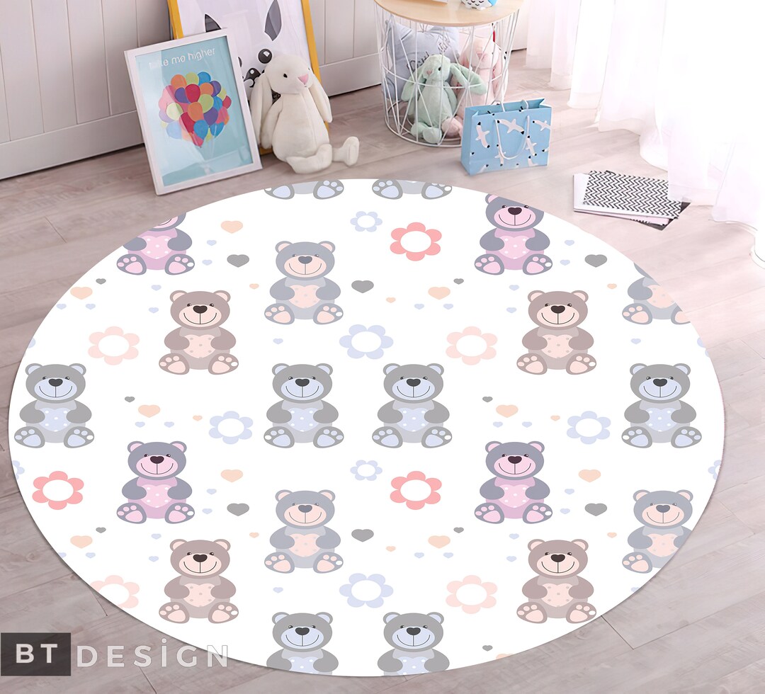 Bear Nursery Rug, Toys Bear With Child Pattern Nonslip Area Rug, Gray ...