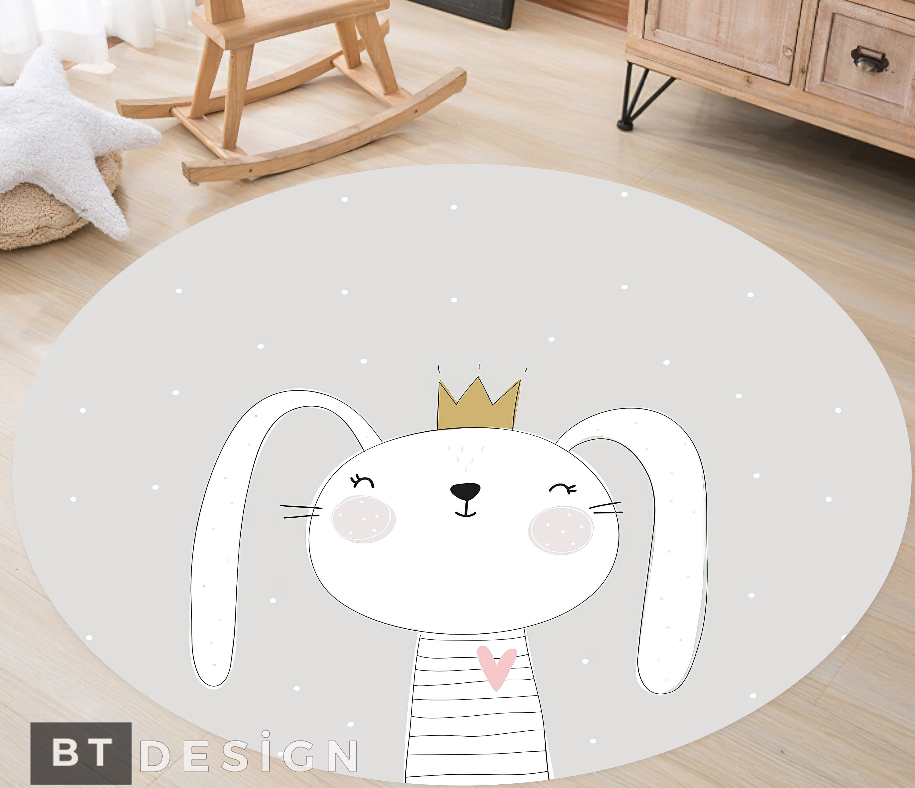 Rabbit Round Rug, Cute White Rabbit Themed Nonslip Area Rug, Gray Rug ...