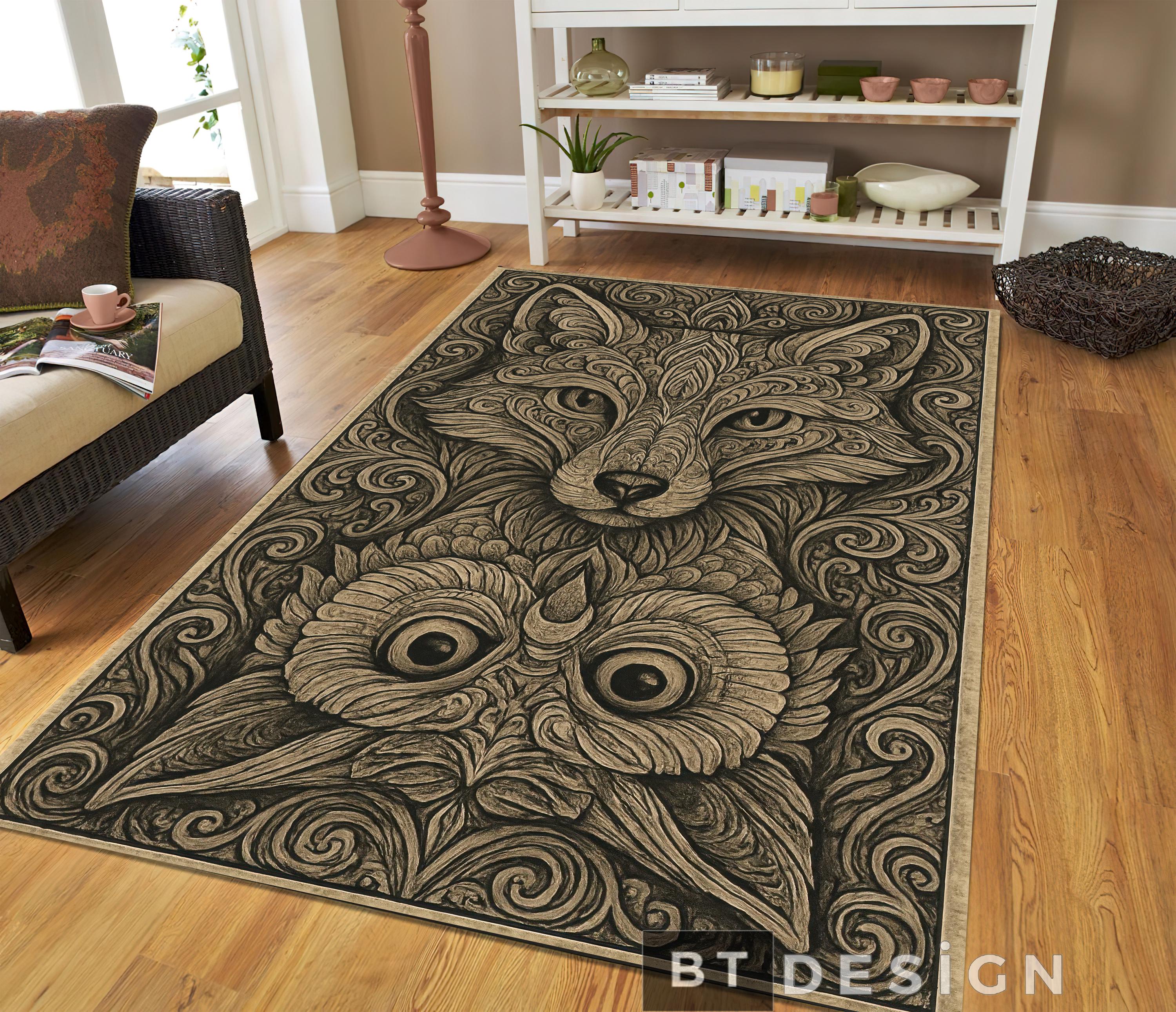 Fox Owl Mandala Washable Rug - Spiritual Animal Art Non-Slip Floor Mat Rustic Decor