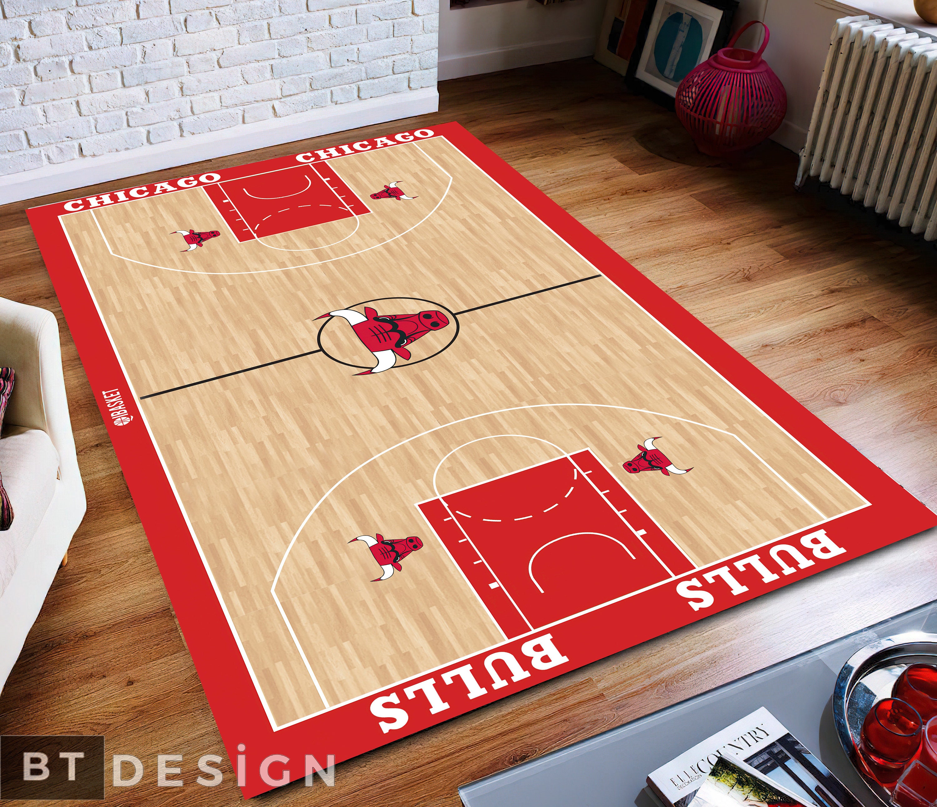 Chicago Bulls Rug, Basketball Court Themed Nonslip Area Rug, Playroom