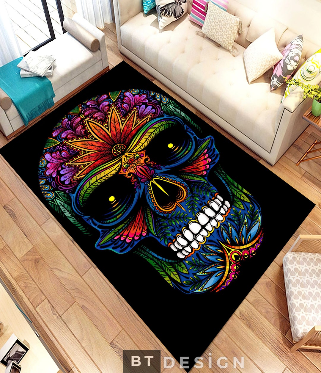 Skull Rug, Colorful Skull Head Themed Rug, Nonslip Area Rug, Skull ...