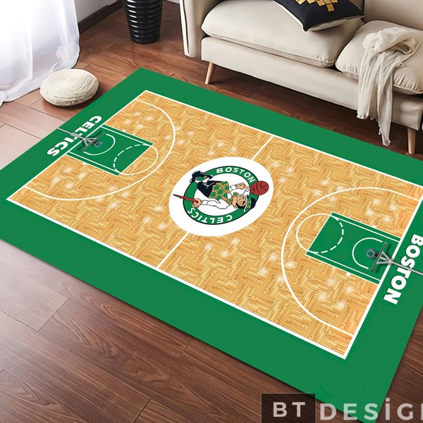 Tappeto Boston Celtics, tappeto antiscivolo a tema campo da basket, tappetino per sala giochi, tappeto per camera per ragazzi, tappeto per camera per bambini, regalo per gli amanti del basket, tappeto fresco