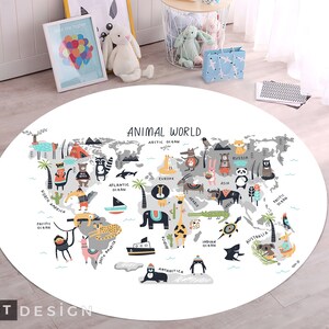 Tierwelt Runder Teppich, Niedlicher Weltkarte Muster Rutschfester Teppich, Lernteppich für Kinderzimmer, Einzigartiger Spielzimmer Teppich, Kindergarten Matten