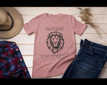 May include: A pink t-shirt with a black lion graphic and the text "YAHUAH IS MY STRENGTH PSALMS 28:7".