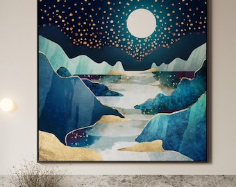 Full Moon Framed Canvas Print: Blue Mountain Celestial Wall Art