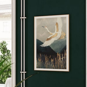 Bird Art Print, Crane in Flight Art, Elegant Flight by SpaceFrog Designs, Wall Décor, Wall Art, Contemporary Poster, Metallic Accents, Print