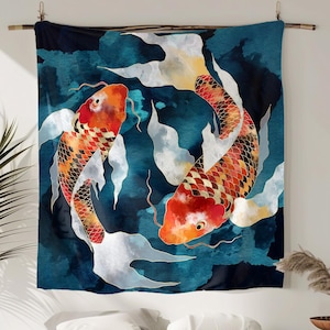 Japanese Koi Art Tapestry - Flowing Fins & Deep Blue Waters
