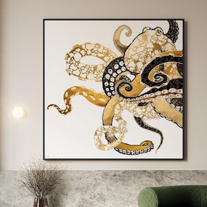Golden Octopus Canvas Print: Coastal Nautical Wall Art