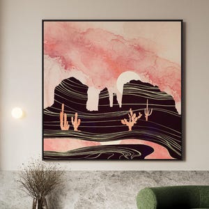 Pink Desert Landscape Wall Art - Southwestern Framed Canvas with Cactus and Buttes