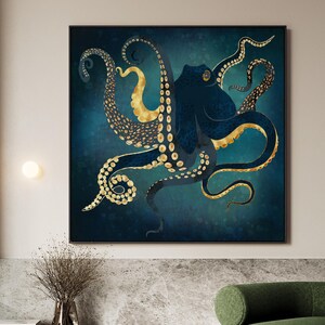 Octopus Canvas Wall Art: Framed Nautical Print with Gold Accents
