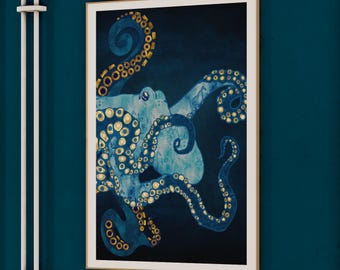 Underwater Octopus Wall Decor - Modern Nautical Print - Deep Sea Octopus Art