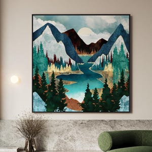Abstract Mountain River Wall Art - Scenic Forest Landscape Canvas Print, Rustic Nature Framed Decor