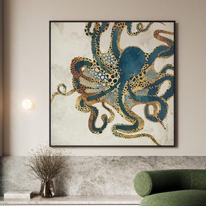 Abstract Octopus Framed Canvas - Coastal Ocean Decor - Modern Marine Life Print