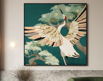Japandi Crane Wall Art Canvas, Nature-Inspired Bird Framed Art