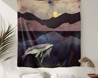 Whale Wall Tapestry Art - Moody Ocean Scene with Mountains and Moon