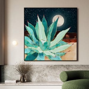 Southwestern Agave Moon Art, Boho Desert Framed Canvas Wall Art, Abstract Botanical