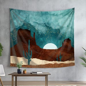 Desert Night Tapestry – Southwestern Wall Art with Moon and Cactus Scene