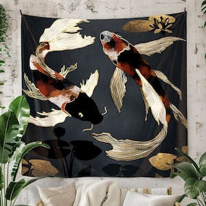 Dark Koi Fish Wall Hanging - Elegant Black and Gold Tapestry