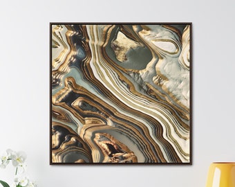 White Gold Agate Abstract framed square gallery wrapped canvas by SpaceFrog Designs, Modern, Gold and Metallic Home Accent Topographical Art