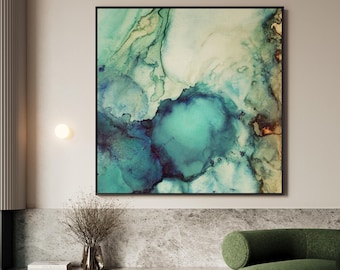 Fluid Ink Teal Art - Contemporary Wall Decor - Abstract Modern Framed Canvas