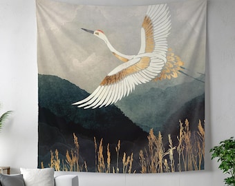 Japanese Style Crane Tapestry - Minimal Nature Wall Decor