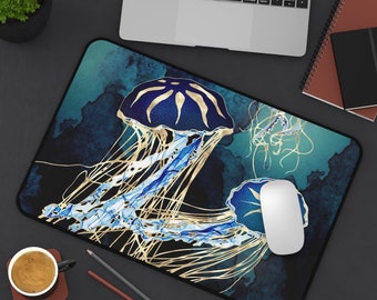 Jellyfish Mouse Pad, Abstract Ocean Desk Mat, Long Desk Mousepad, Ocean Inspired Desk Mat, "Metallic Jellyfish III" by SpaceFrog Designs