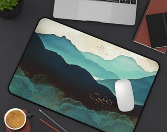 Gaming Desk Mat, Abstract Nature Desk Mat, Long Desk Mousepad, Nature Office Decor, "Indigo Mountains" by SpaceFrog Designs