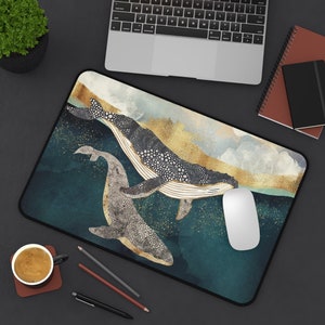 Whale Desk Mat, Abstract Ocean Desk Mat, Long Desk Mousepad, Contemporary Desk Mat, &quot;Bond II&quot; by SpaceFrog Designs