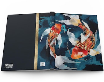 May include: An open book with a dark blue cover and a gold stripe down the spine. The inside pages feature a watercolor illustration of two koi fish swimming in a blue and white water pattern.