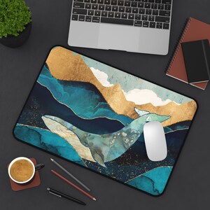Abstract Whale Desk Mat, Ocean Inspired Desk Mat, Long Desk Mousepad, Whale Gaming Mat, &quot;Blue Whale&quot; by SpaceFrog Designs