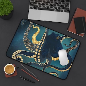 Octopus Desk Mat, Abstract Ocean Decor Desk Mat, Long Desk Mousepad, Arty Office Decor, "Metallic Octopus IV" by SpaceFrog Designs