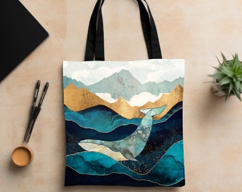 Blue Whale Art Tote Bag: Abstract Ocean Design