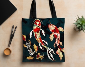 Koi Tote Bag, Abstract Fish Bag, Artsy Metallic Koi Tote, Fish Design Camping Carryall Bag, "Metallic Koi" by SpaceFrog Designs
