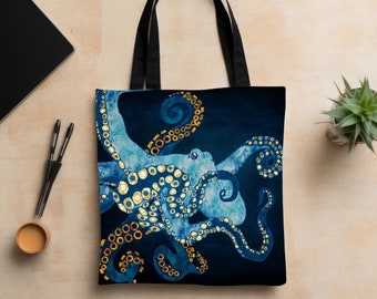 Octopus Tote Bag, Abstract Ocean Octopus Bag, Artsy Metallic Octopus Tote, Beach Carryall Bag, "Metallic Octopus VII" by SpaceFrog Designs