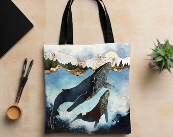 Whale Tote Bag, Designer Shopping Bag, Abstract Ocean Bag, Whale Art Tote Bag, Beach Bag, Coastal Tote Bag, "Bond V" by SpaceFrog Designs