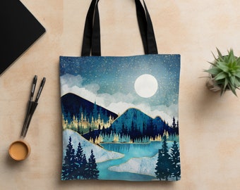 Abstract Nature Tote Bag, Colorful Nature Landscape Bag, Artsy Tote, Woodsy Camping Carryall Bag, "Morning Stars" by SpaceFrog Designs