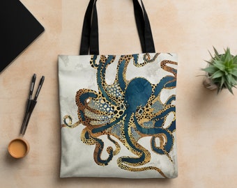 Octopus Tote Bag, Abstract Ocean Octopus Bag, Artsy Metallic Octopus Tote, Beach Carryall Bag, "Underwater Dream VI" by SpaceFrog Designs