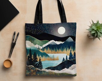 Boho Nature Tote Bag, Abstract Landscape Bag, Artsy Nature Tote, Camping Carryall Bag, Mountain tote Bag, "Star Lake" by SpaceFrog Designs