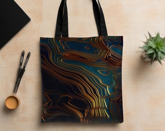 Blue and Gold Tote Bag, Abstract Modern Bag, Artistic Tote, Designer Bag, Unique Tote Bag, "Peacock Ocean" by SpaceFrog Designs