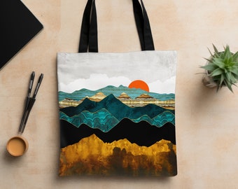 Boho Nature Tote Bag, Abstract Bold Landscape Bag, Artsy Tote, Carryall Bag, Mountain tote Bag, "Turquoise Vista" by SpaceFrog Designs