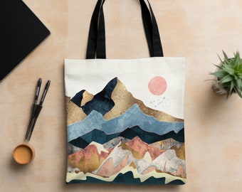 Abstract Mountain Tote Bag,  Abstract Pastel Landscape Bag, Artsy Nature Tote, Camping Carryall Bag, "Golden Peaks" by SpaceFrog Designs